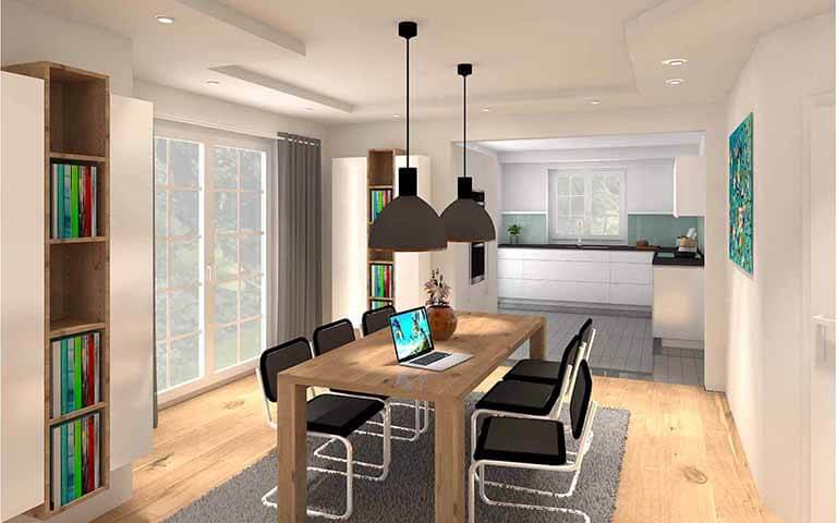 3D-Rendering Esszimmer mit Blick auf Küche